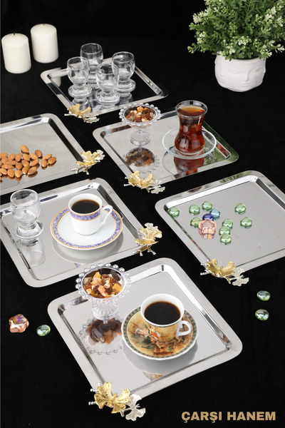 ÇARŞI HANEM Stainless Silver Double Butterfly Accessory Coffee and Multi-Purpose Presentation Tray Square 6 Piece Set