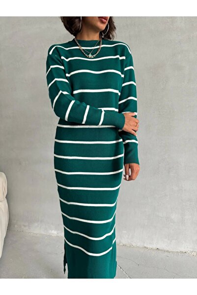 URİS Rochie de tricotat cu mânecă lungă în dungi pentru femei - verde nefti