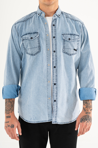 Souris Men's Ice Blue Slim Fit Washable Denim Shirt