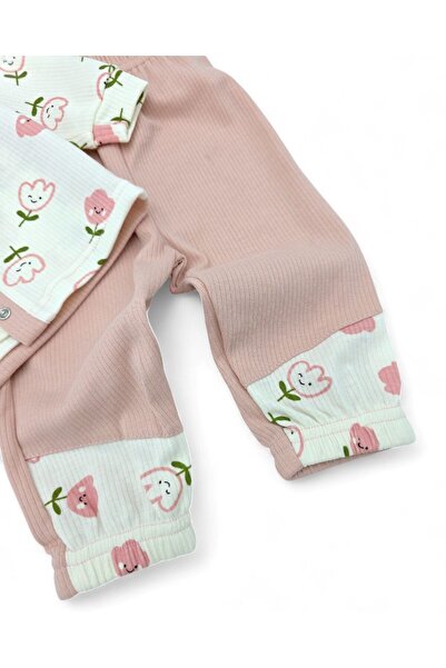 VOY KİDS Baby Girl Corduroy Tulip Printed Vest 3 Piece Cute 6-12 Month Baby Set