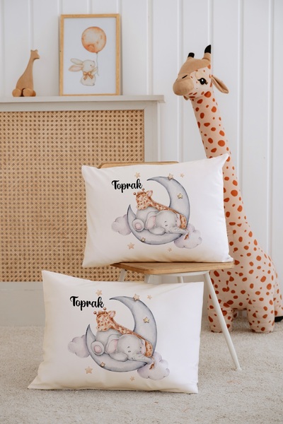 Lilabio %100 Pamuk İsme Özel 2li Ekru Bebek Yastık Kılıfı 35x45 cm-Gökkuşağı