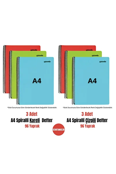 uzaktangelir Set de caiete Mynote A4, 96 coli, cu copertă din plastic, cu spirală, cu rigle + carouri (3 + 3 bucăți)