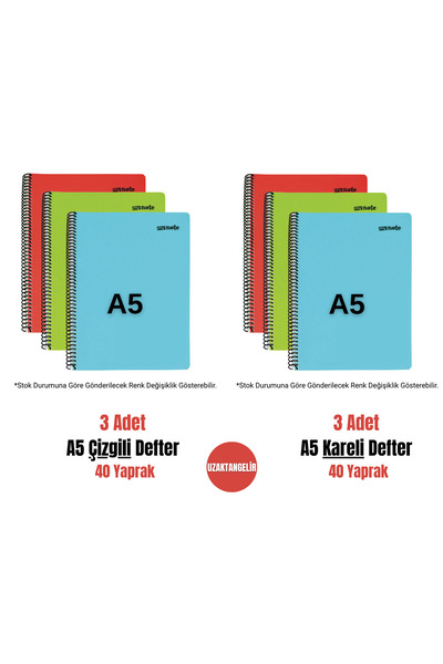 uzaktangelir Set de caiete Mynote A5, 40 coli, cu copertă din plastic, cu spirală, cu rigle + carouri (3 + 3 bucăți)