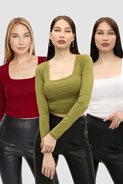 LAENT Women's Burgundy White Oil Green Square Neck 3-Piece Crop Body