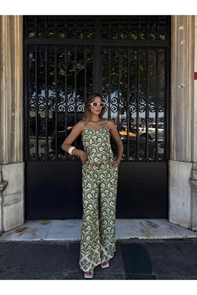 AlisaSu Green Ecru Jacquard Strap Blouse and Pants Set