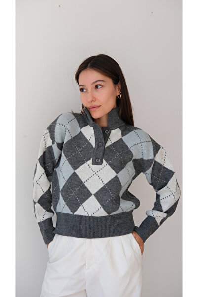 Butik Una Fiaba-Anthracite Color Soft Textured Women's Knitwear Polo Neck Swe...