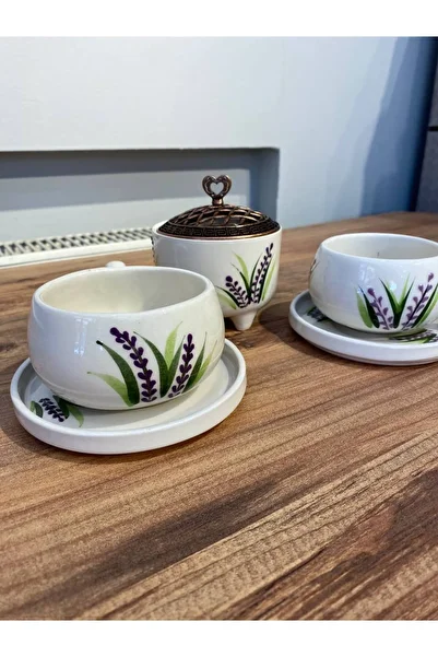 ColorCraft Handmade Ceramic Tea and Coffee Set with Lavender Design, 2 Tea Cups Set and 1 Sugar Bowl
