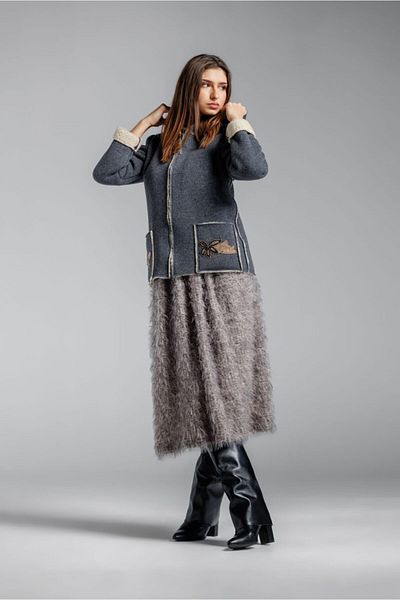 RVL Gray fur jacket with appliqués on the pockets