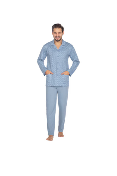 Regina Men's pajamas, classic model, cotton, button-down blouse, straight pants, blue