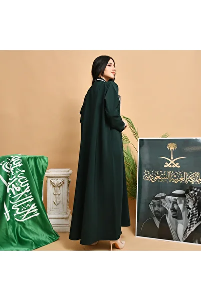 HAWRAA Elegant abaya with a blazer design in green with beige overlay