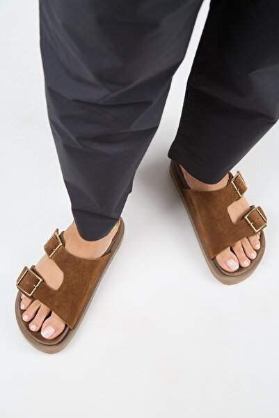 Manijero Jimena Genuine Leather Tan Double Buckle High Sole Slippers