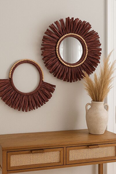 Home Bohem Handmade 2'li Set Ahşap Boncuklu Aynalı Kahverengi Doğal Rafya Duv...