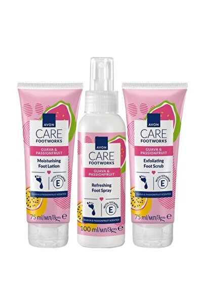 AVON Set Footworks Avon, 3 produse cu guava și fructul pasiunii, exfoliant 75ml, loțiune 75ml, spray 100