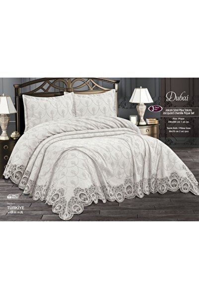maison royale Dubai Güpürlü Lüks Yatak Örtüsü 3 Parça Pike Takımı Kutusuz