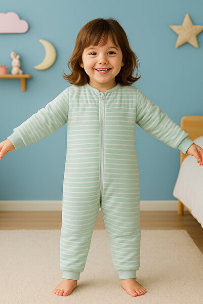 ÖZLEM BEBE Özlem Bebe Unisex Green Striped Intermediate Padding Children's Sleeping Bag for Ages 7-16