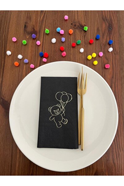 kidspartim Gold Gilded Black Cute Bear Printed Waiter Folding Napkins 16 Pieces