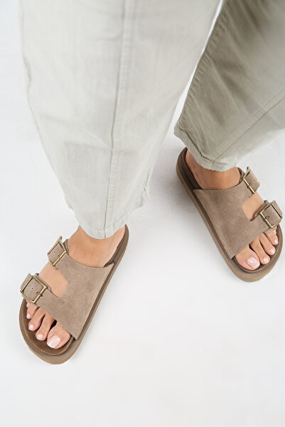 Manijero Jimena Genuine Leather Mink Double Buckle High Sole Slippers