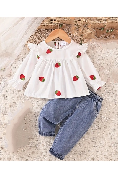 OEM Set White Blouse with Crocheted Strawberries and Jeans, 2-3 years, 92-98 cm