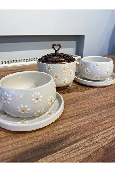 ColorCraft PAPATYA DESENLi EL YAPIMI SERAMİK ÇAY, KAHVE SETİ 2 ADET BARDAK TAKIMI VE 1 ADET ŞEKERLİK