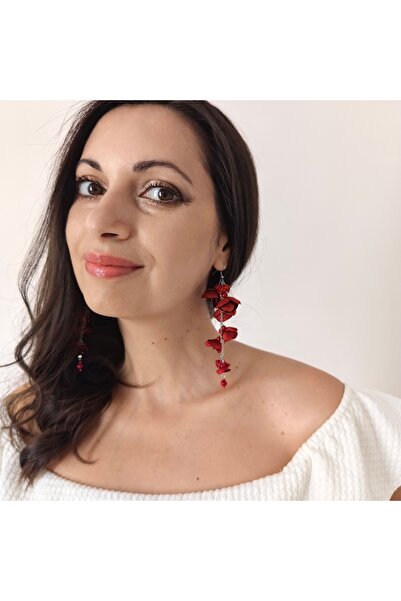 Corizmi Very long earrings with flowers made of satin silk, stainless steel, handmade, Seduction