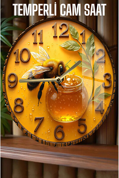 kutuTR Arı ve Bal Kavanozu Desenli 3D Görünümlü Temperli Cam Saat – 33 cm CSDW433