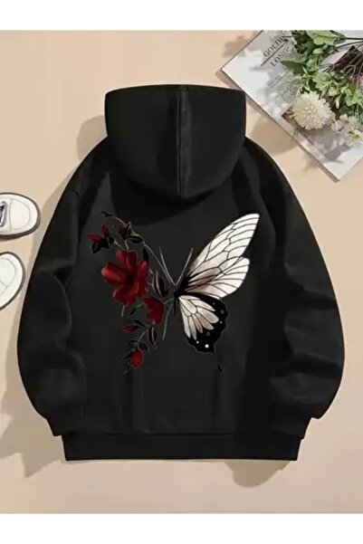 FUFLUNS سويت شيرت بقلنسوة كبير الحجم مطبوع عليه فراشة زهرة حمراء للجنسين (نسا...