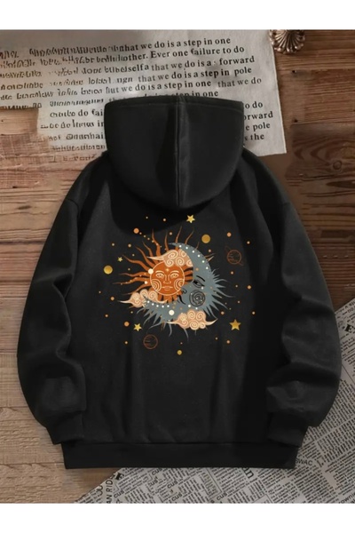 FUFLUNS سويت شيرت بقلنسوة كبير الحجم مطبوع عليه الشمس والقمر للجنسين (نسائي/ر...