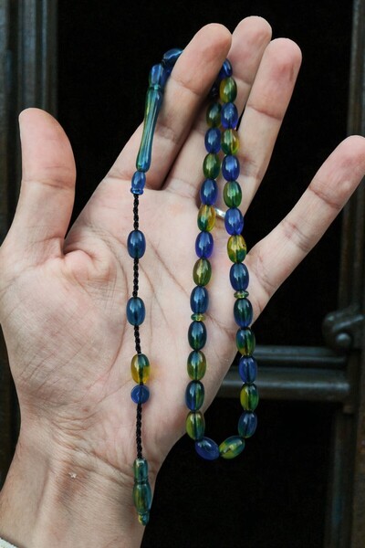 Atolyezone Usta İşi Sistemli Toz Kehribar Tesbih Sarı Lacivert Renk Geçişli T...