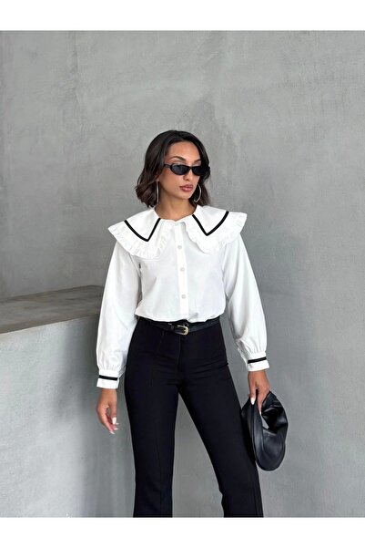 URİS Cămașă elegantă albă pentru femei cu mâneci lungi și detaliu la guler