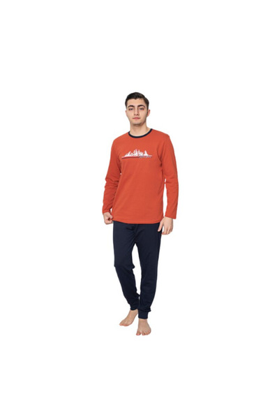 berfin Men's pajamas, 2 pieces, cotton, mountain, orange/navy blue
