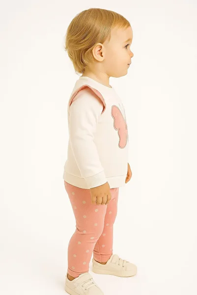 dinamik çocuk Baby Girl Set Butterfly Polka Dot Patterned Sleeve Detailed Monthly Seasonal 2-Piece Top and Bottom Set 3-6-9-12 Months