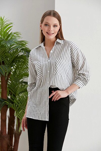 URİS Cămașă lungă oversize cu dungi negre pentru damă, cu buzunare