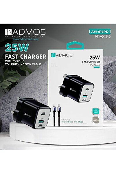 ADMOS AM-816PD 25W Fast Charger with Dual PD+QC3.0 Ports and Type-C to Lightning Cable