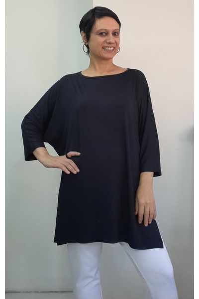 Mertcan Butik Navy Blue Boat Neck Batwing Three-Quarter Sleeve Side Slit Loose Combed Viscose T-Shirt