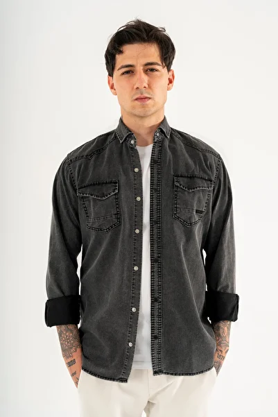 Souris Men's Black Slimfit Slim Fit Double Pocket Snap Button Washable Denim Shirt