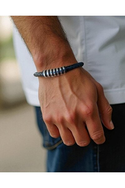 AURA Çelik Sıra Halkalı Manyetik Klipsli Deri Erkek Bilezik