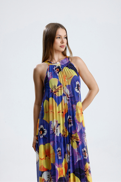 Sense Lined Floral Patterned, Relaxed Fit, Stylish Summer Long Dress | Elb36404 Yellow Purple Floral
