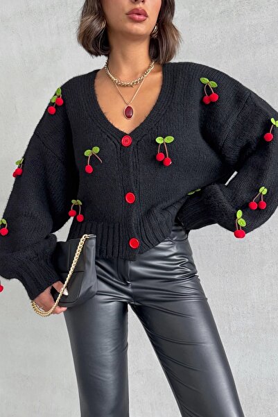 Lusin Γυναικεία πλεκτή ζακέτα μαύρη με αξεσουάρ κερασιού