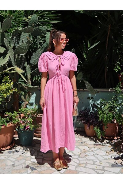 URİS Rochie de vară cu mânecă scurtă din țesătură de muselină, cu guler de pă...