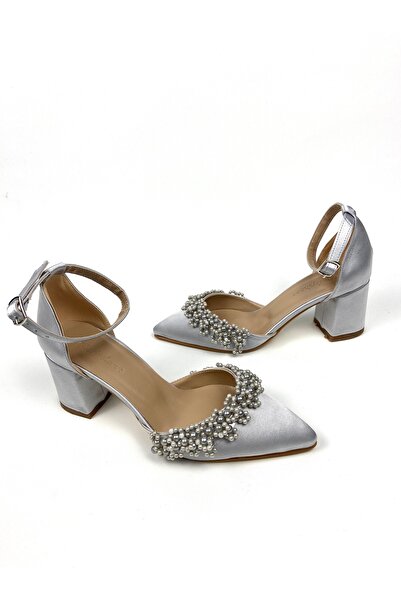 Gloriys Ayakkabı & Çanta Silver Satin Pearl 6 cm Heel Shoes 01314