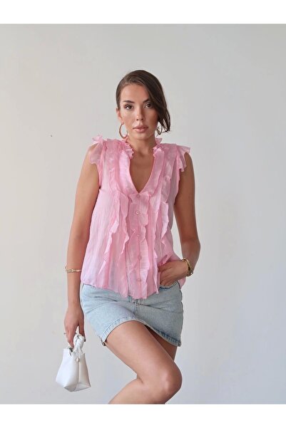URİS Cămașă transparentă fără mâneci cu volane de calitate lux roz pentru femei