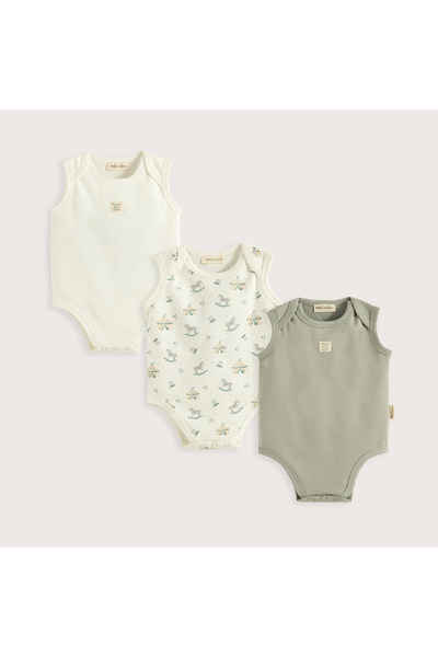 Chakra Cute Cırcus 3'Lü Kolsuz Body Set Ekru/Yeşil