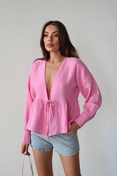 URİS Women's Pink Front Tie Long Sleeve Muslin Fabric Kimono Blouse