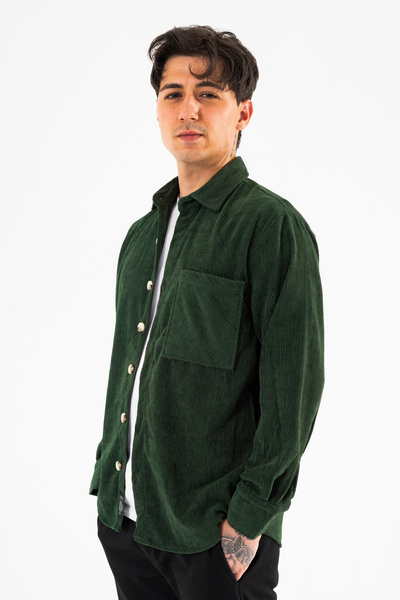 Souris Erkek Kadife Gömlek Haki Rahat Kesim Uzun Kollu Tek cepli