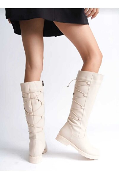 DYG STORE Bej Style Lace-Up Women's Boots 107102