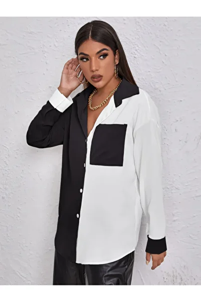 FARQIN Black and White Lycra Poplin Oversized Women's Shirt with Pockets