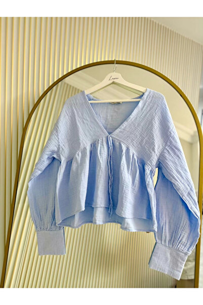 URİS Women's Long Sleeve Baby Blue Premium Muslin Fabric Shirt Blouse