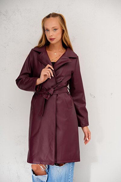 02Lady Fashion Kuşaklı Deri Trençkot
