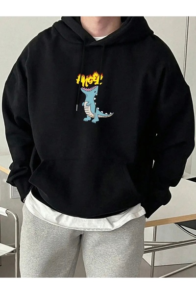 FUFLUNS سويت شيرت بقلنسوة كبير الحجم مطبوع عليه ديناصور للجنسين (نسائي/رجالي)