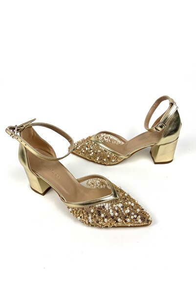 Gloriys Ayakkabı & Çanta Gold Pearl 6 cm Thick Heel Shoes 01328